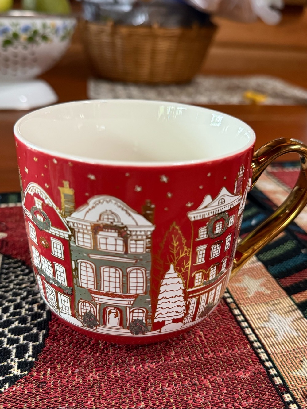 Anthropologie Red Holiday Village Mug with Gold Handle